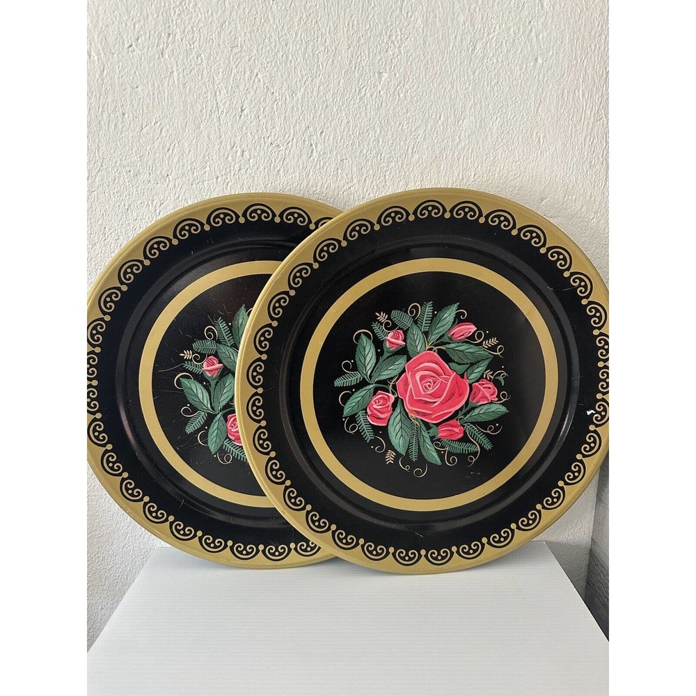 (2) Vintage Round Metal Serving Tray Handpainted Roses Tole Ware 19" Across
